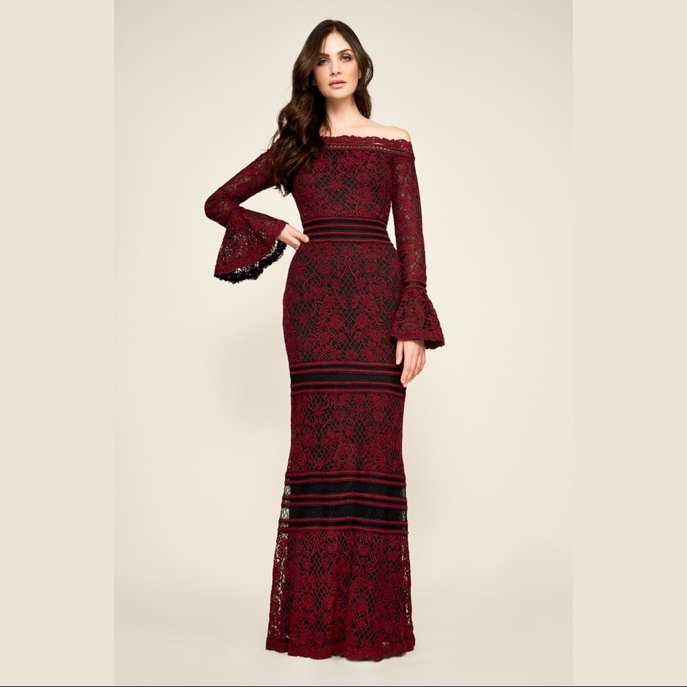Tadashi Shoji Burgundy Lace Maxi Dress